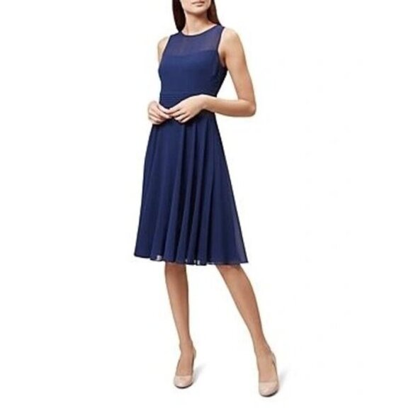 Hobbs London Ashling Dress Chiffon Bow Back Blue 8 - Picture 1 of 9